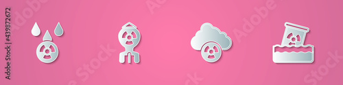 Set paper cut Acid rain and radioactive cloud, Nuclear bomb, and Radioactive waste barrel icon. Paper art style. Vector