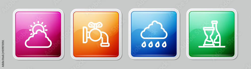 Set line Sun and cloud weather, Tap for barrel, Cloud with rain and Bottle of wine. Colorful square button. Vector Set line Sun and cloud weather, Tap for barrel, Cloud with rain and Bottle of wine. Colorful square button. Vector