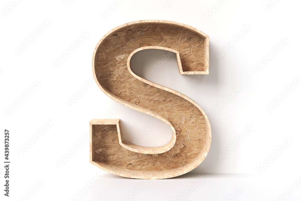 Wood alphabet letter S in the shape of furniture made of natural OSB plywood. High detailed 3D rendering. Wood alphabet letter S in the shape of furniture made of natural OSB plywood. High detailed 3D rendering.