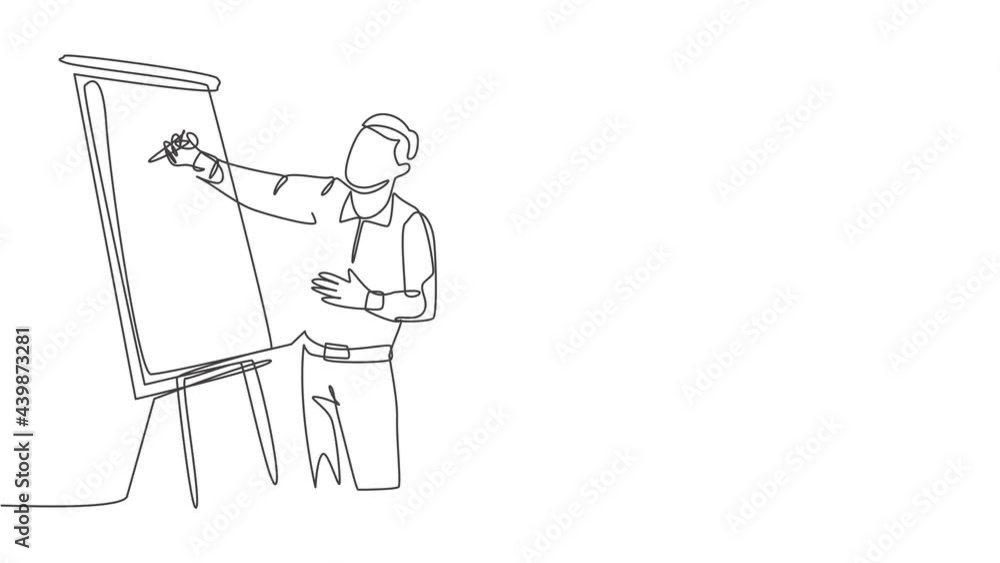 Animated self drawing of single continuous line draw male CEO explaining business process to his partner with infographic on flip chart. Startup work meeting concept. Full length one line animation. Animated self drawing of single continuous line draw male CEO explaining business process to his partner with infographic on flip chart. Startup work meeting concept. Full length one line animation.