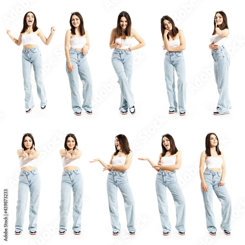 Set of happy cheerful laughing and excited jumping young woman showing approval thumbs up gestures. Full body length isolated on white background