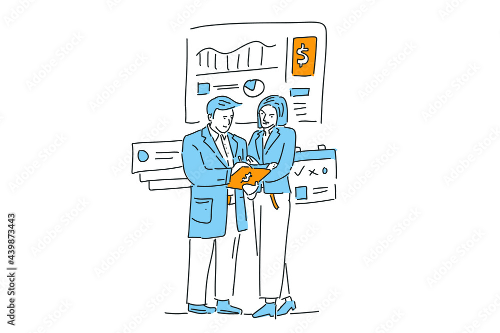 man and woman read report business illustration hand draw