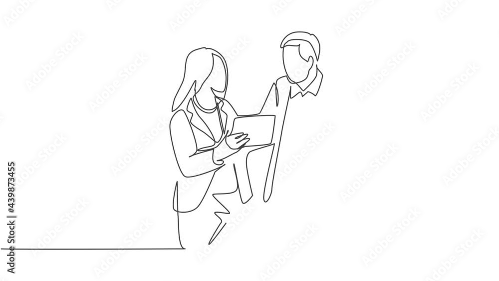 Animated self drawing of single continuous line draw male and female managers discussing strategic planning to increase company profit. Business growth concept. Full length one line animation. Animated self drawing of single continuous line draw male and female managers discussing strategic planning to increase company profit. Business growth concept. Full length one line animation.