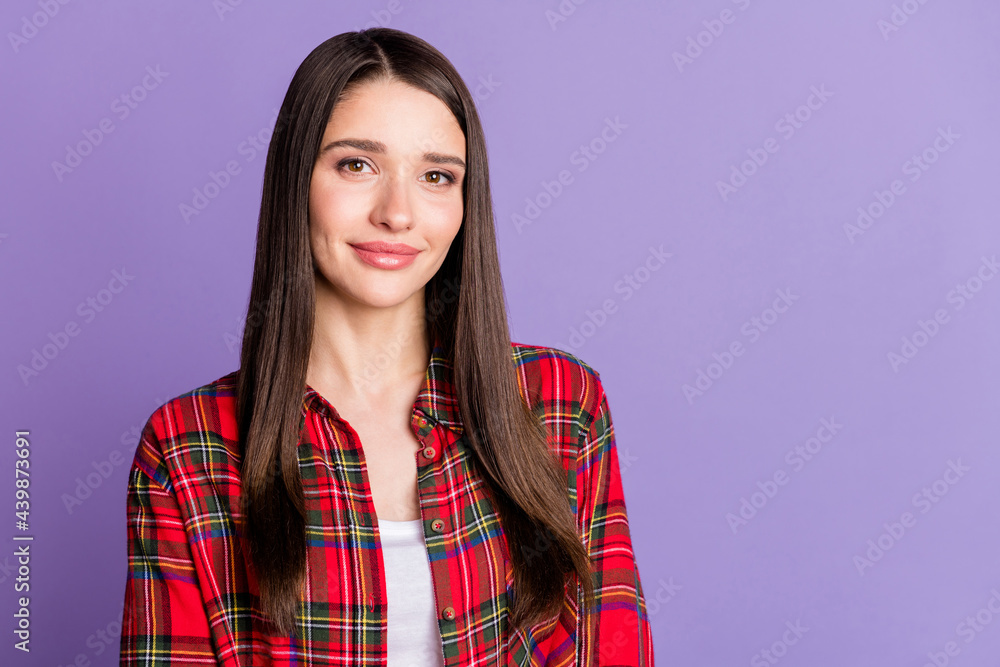 Photo of joyful long hairdo millennial lady wear red shirt isolated on violet color background Photo of joyful long hairdo millennial lady wear red shirt isolated on violet color background