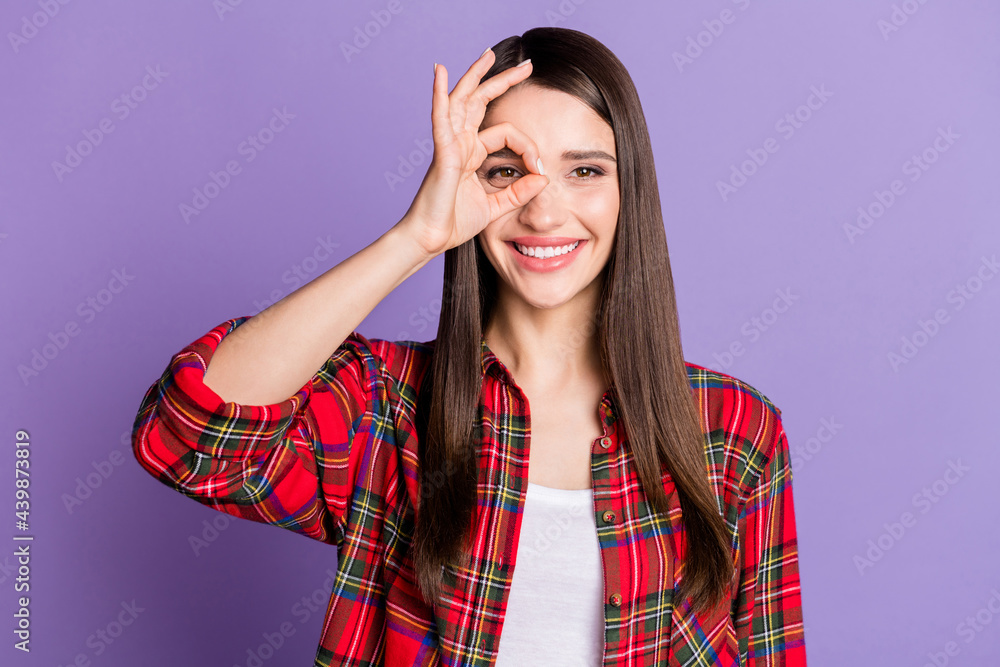 Photo of funny brunette hairdo young lady show glasses wear red shirt isolated on purple color background Photo of funny brunette hairdo young lady show glasses wear red shirt isolated on purple color background