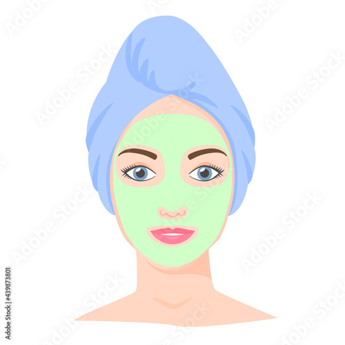 Young white woman with cosmetic mask and towel on head. Skincare procedures at home. Cosmetic clay or sheet mask. Vector