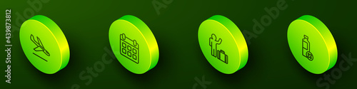 Set Isometric line Plane landing, Calendar airplane, Tourist with suitcase and No water bottle icon. Vector