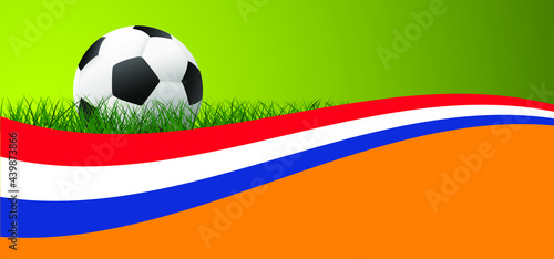 the Netherlands, Dutch flag. Soccer green, orange football grass field. Flat vector background banner for EK, WK play model. Sport finale game. Team sports. Foot ball sign. Holland. 2020, 2021, 2022