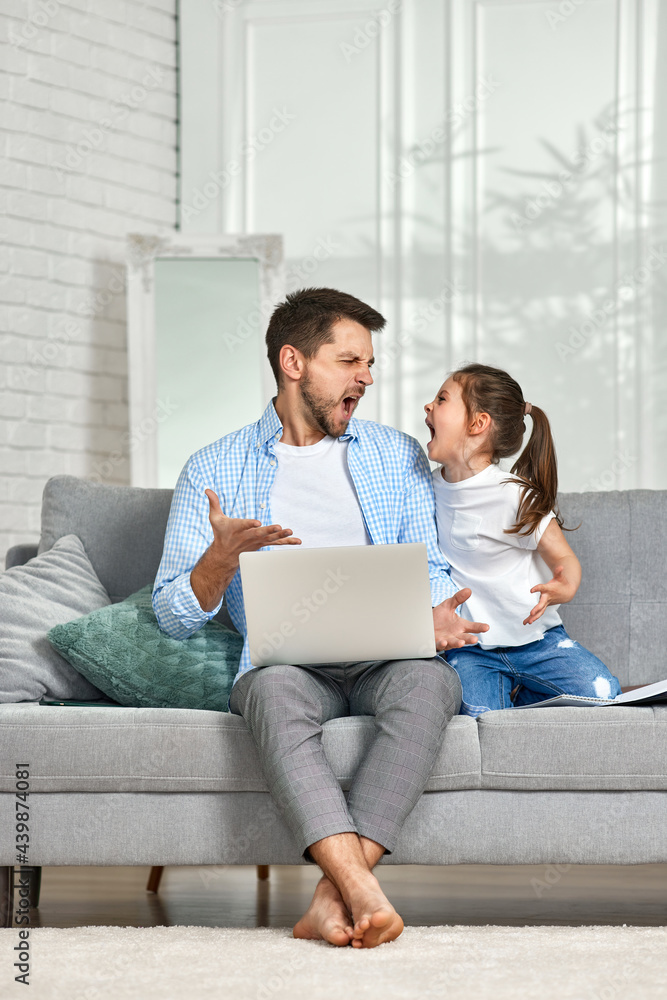 child and father yell at each other because the daughter is interfering with the father's work child and father yell at each other because the daughter is interfering with the father's work