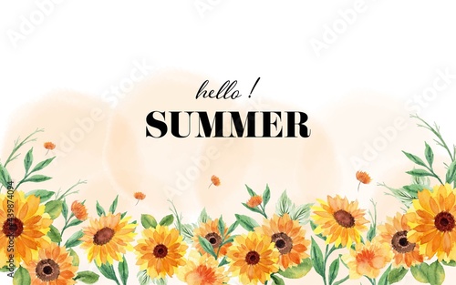 summer banner with watercolor flowers and abstract background