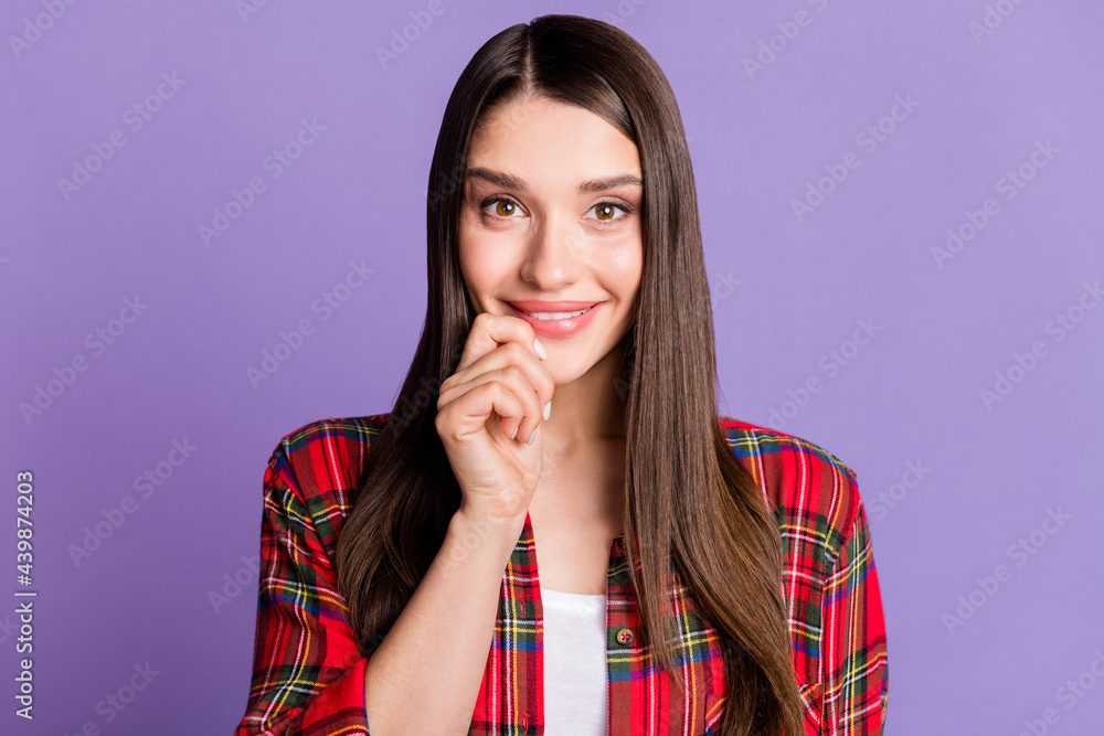 Photo of flirty brunette hairdo young lady hand chin wear red shirt isolated on purple color background Photo of flirty brunette hairdo young lady hand chin wear red shirt isolated on purple color background