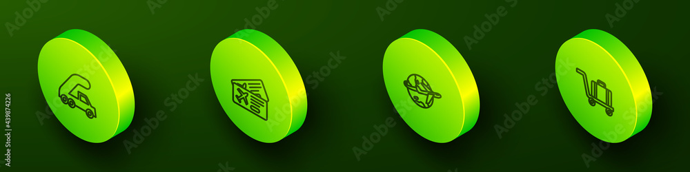 Set Isometric line Passenger ladder for plane boarding, Airline ticket, Globe with flying and Trolley baggage icon. Vector Set Isometric line Passenger ladder for plane boarding, Airline ticket, Globe with flying and Trolley baggage icon. Vector
