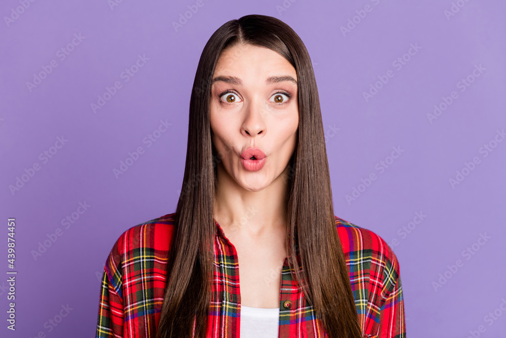 Fototapeta premium Photo of hooray brunette millennial lady look wear red shirt isolated on purple color background