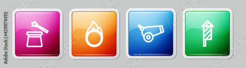 Set line Magic hat and wand, Circus fire hoop, Cannon and Firework rocket. Colorful square button. Vector