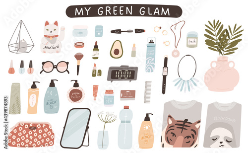 Green Glam Makeup Set. Modern Woman Self Care Routine. Positive Vibes in Slow Living Environment. Feng Shui Lucky Cat and Organic, Natural Products.