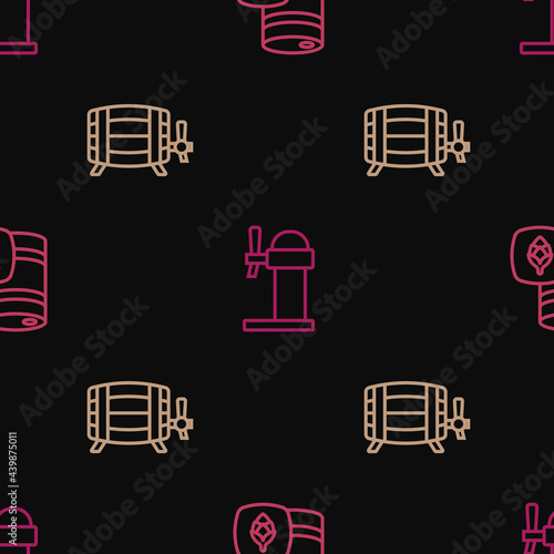 Set line Metal beer keg, Wooden barrel and Dispenser on seamless pattern. Vector