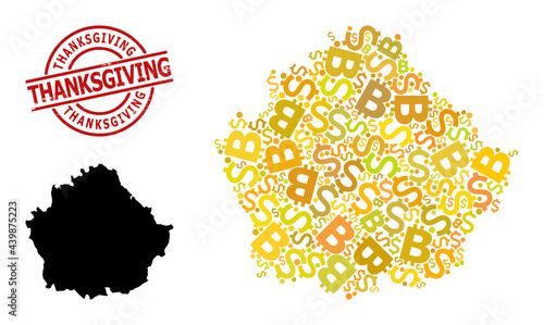 Textured Thanksgiving seal, and banking collage map of Cuenca Province. Red round stamp seal includes Thanksgiving caption inside circle. Map of Cuenca Province collage is organized of investment,