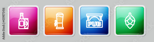 Set line Beer bottle and beer can, tap, Street signboard with Pub and Hop. Colorful square button. Vector