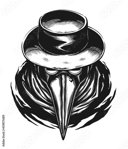 Plague doctor portrait digital vector ink illustration. 