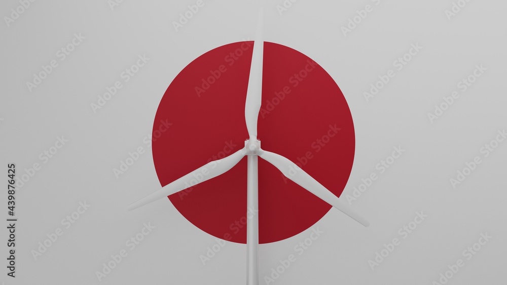 Large wind turbine in center with a background of the country flag of Japan Large wind turbine in center with a background of the country flag of Japan