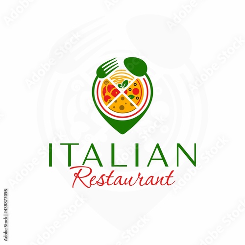 Italian restaurant logo. Spaghetti. Pizza. Italian cheese. Seafood. Location pin spoon and fork. Italian food.