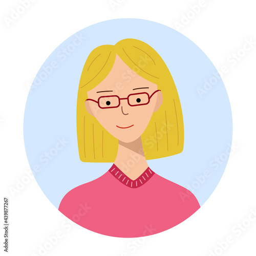 Woman with glasses porter character smiling face. Trendy style illustration for icon, avatars, portrait design.