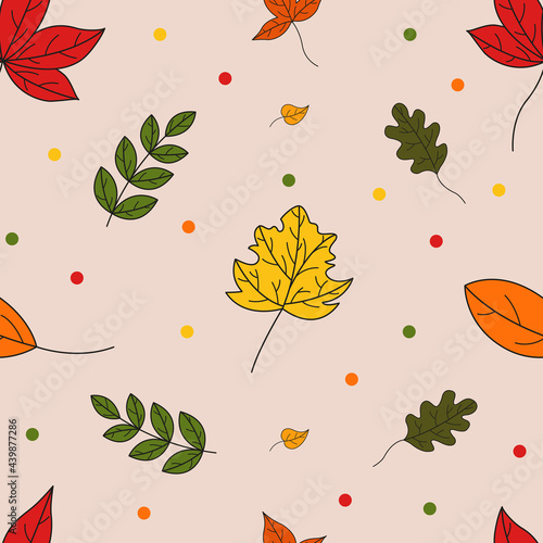 Seamless autumn leaves pattern. Pattern in flat style. Leaves in autumn colors. Background for your cards, illustrations, wallpaper, gift paper. photo