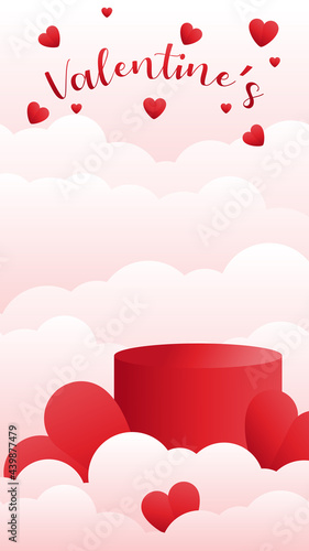 vertical podium background for valentine product sales. vector 3d podium studio background. valentine background with typography, hearts and clouds