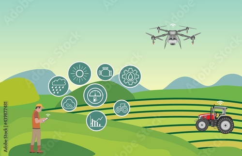 Farmer managing his modern farmland  with a mobile app and drone on his tablet, IOT and smart farming concept
