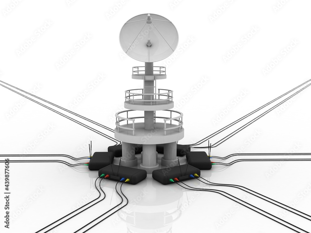 Satellite Dish and spaceship with wifi modem, 3d rendering Satellite Dish and spaceship with wifi modem, 3d rendering