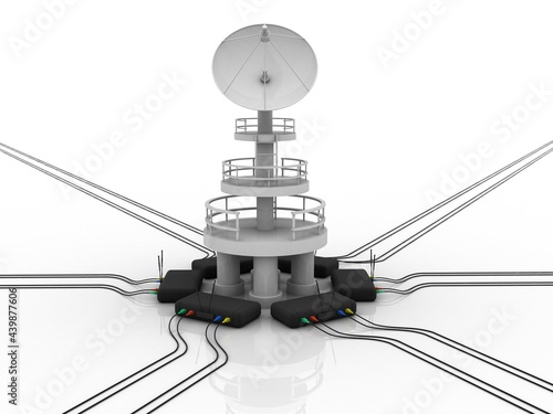 Satellite Dish and spaceship with wifi modem, 3d rendering