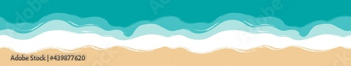 Panoramic view of the beach. Long  elongated  horizontal banner. Sand  seashore with azure waves. Sea coast top view  aerial view. Seamless marine background. Hand drawn vector illustration