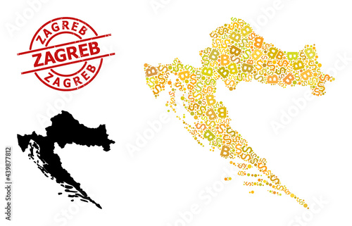 Textured Zagreb stamp, and financial mosaic map of Croatia. Red round stamp contains Zagreb tag inside circle. Map of Croatia mosaic is constructed from financial, dollar, Thailand Baht yellow dots.