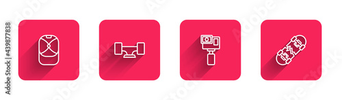 Set line Baseball cap, Skateboard wheel, Action camera and Broken skateboard with long shadow. Red square button. Vector