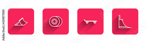 Set line Skate park, Skateboard wheel, and with long shadow. Red square button. Vector