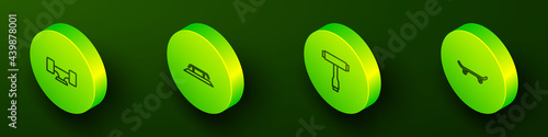 Set Isometric line Skateboard wheel, stairs with rail, T tool and icon. Vector