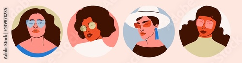 Set of Beautiful Women in sunglasses looking at camera. Closeup fashion portraits of cute young ladies. Hand drawn round Vector illustrations. Templates for cards, posters, banners, social media Icons