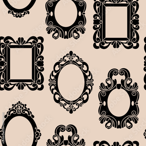 Black decorative Frames or borders. Different shapes. Photo or mirror frames. Elegant, modern style. Hand drawn trendy Vector seamless Pattern. Background, wallpaper