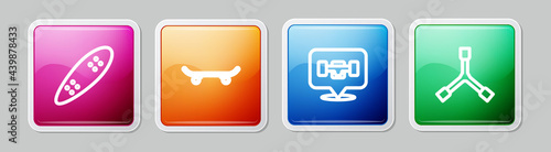 Set line Longboard or skateboard, Skateboard, wheel and Y-tool. Colorful square button. Vector