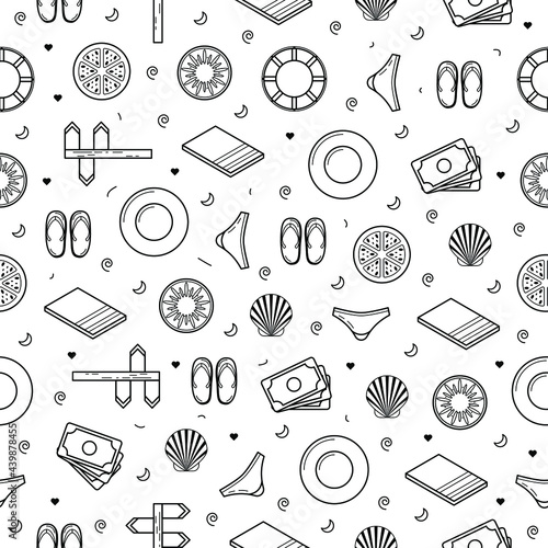 Seamless Pattern Abstract Doodle Elements Hand Drawn Collection Travel Tourism Sketch Vector Design Style Background Summer Fruit Underpants Slippers Cash Shell Lifebuoy Illustration Icons