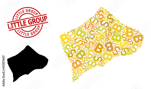 Scratched Little Group seal, and finance collage map of Small Inagua Island. Red round stamp seal contains Little Group text inside circle. Map of Small Inagua Island collage is formed with finance,