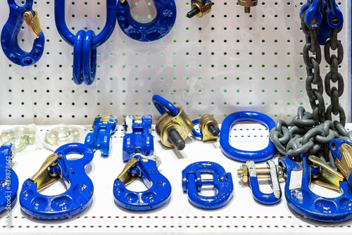 Fotografie various type of metal or steel lifting hook chain and accessories such as master