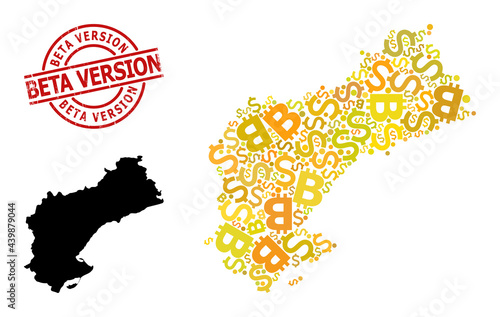 Textured Beta Version stamp seal, and bank collage map of Tarragona Province. Red round stamp seal includes Beta Version text inside circle. Map of Tarragona Province collage is created from finance,