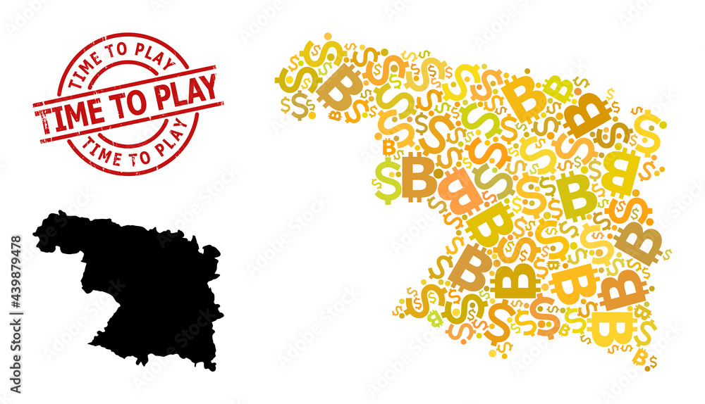 Grunge Time to Play stamp, and finance mosaic map of Zamora Province. Red round stamp seal has Time to Play title inside circle. Map of Zamora Province mosaic is created with investment, funding,