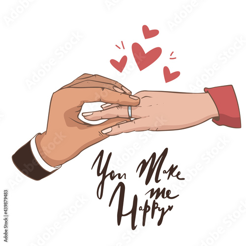 Will you marry me. Marriage proposal vector illustration with wedding ring and male and female hands. hearts