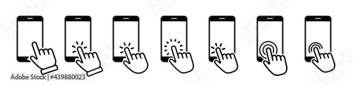 Hand touch screen smartphone icon. Click on the smartphone. Vector icon