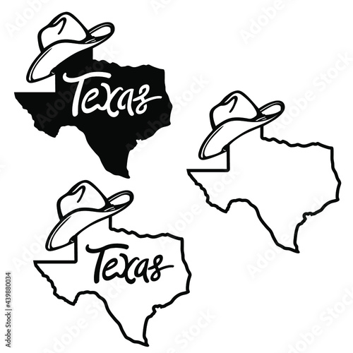 Texas map and cowboy hat Vector illustration of Texas maps black background silhouette with western hats and text isolated on white for design. Texas sign symbol
