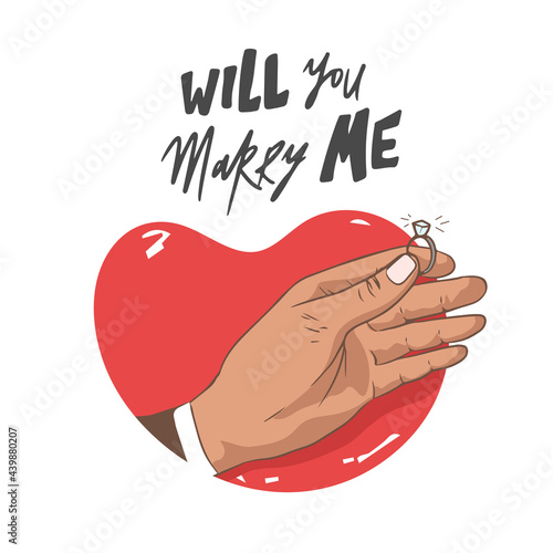 Will you marry me. Marriage proposal vector illustration with wedding ring and male hand. Man hand with engagement ring. text. Engagement proposal. Marriage proposal.