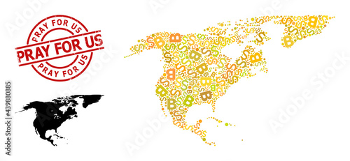 Rubber Pray for Us stamp seal, and money mosaic map of North America and Greenland. Red round stamp includes Pray for Us title inside circle.