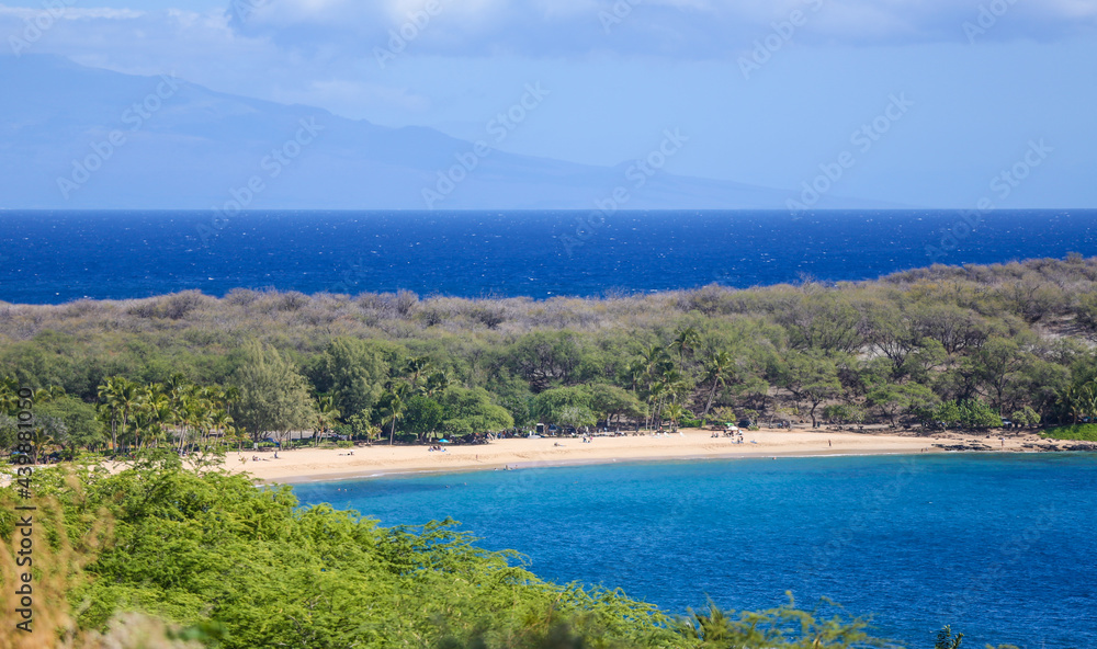 Fototapeta premium Lanai beach and camprgournd with Maui in the background. 